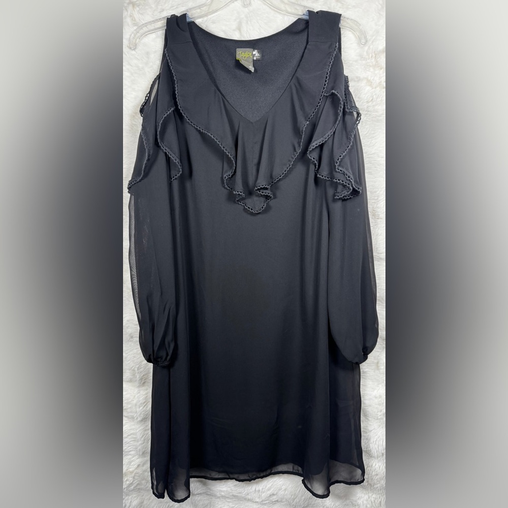 Taylor Black Cold-Shoulder Ruffle-Yoke Long Sleeve Dress